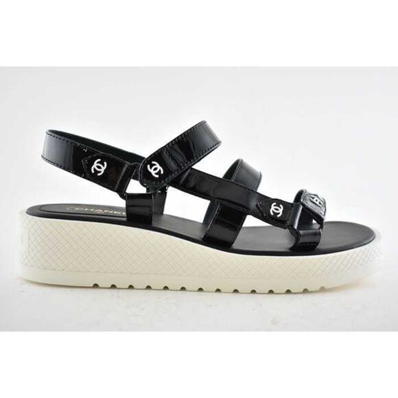 Chanel 20C Black Patent White CC Logo Mule Slide Strap Flat Dad Sandal 40.5 - Picture 1 of 12